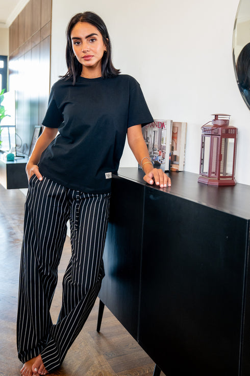 Women summer pajama set Black Tee + Black X White Stripes Pants